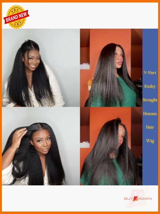 V Part Wig Human Hair Kinky Straight 250% Density Glueless Clip In Drawstring main image 4